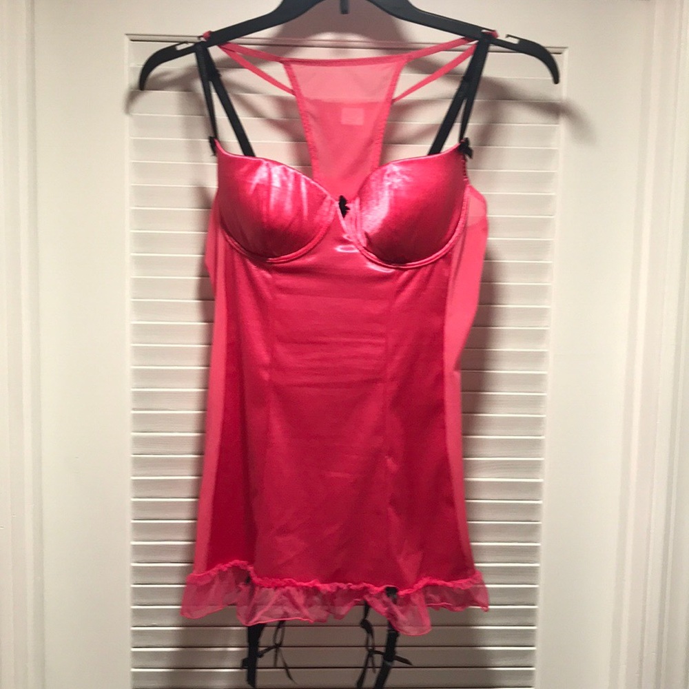 Hot Pink 2 Piece Nightie w Black Velour Bows